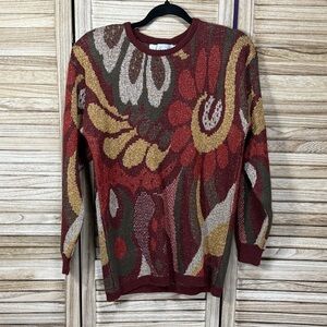 Jack Winter Floral Patterned Long Sleeve Sweater - Red, Green, Gold Size M